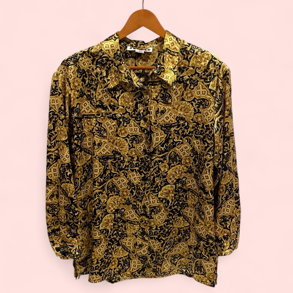 Regal 80’s black gold luxury brocade look silky blouse old money maximalist